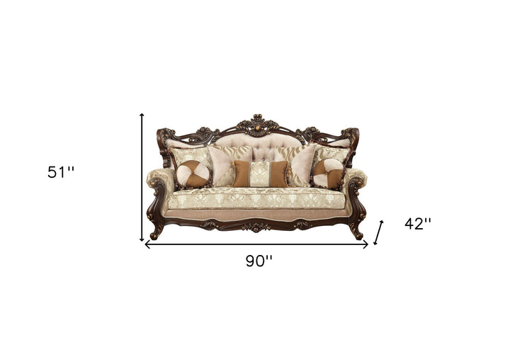 42" Beige Polyester Blend Curved Damask Sofa And Toss Pillows With Brown Legs