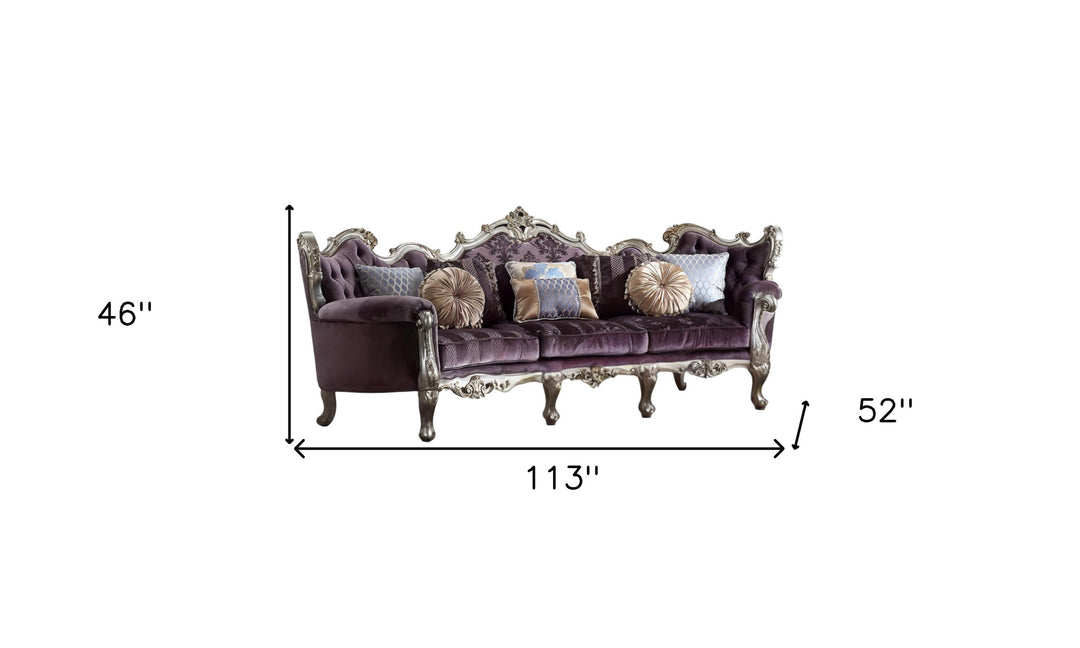 52" Dark Purple Velvet Curved Striped Sofa And Toss Pillows With Platinum Legs