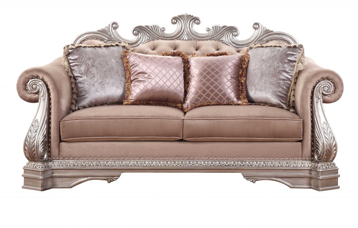 80" Champagne Velour Loveseat and Toss Pillows