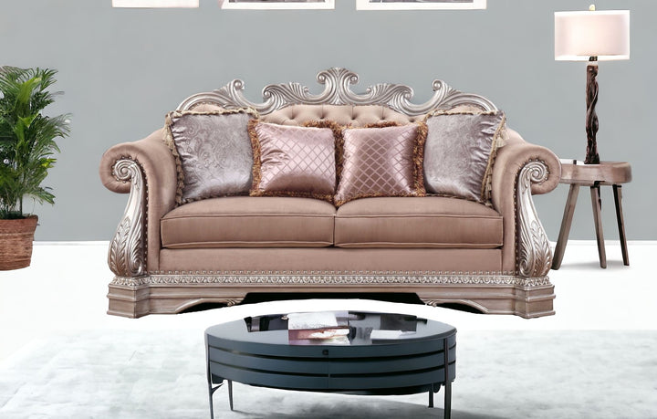 80" Champagne Velour Loveseat and Toss Pillows