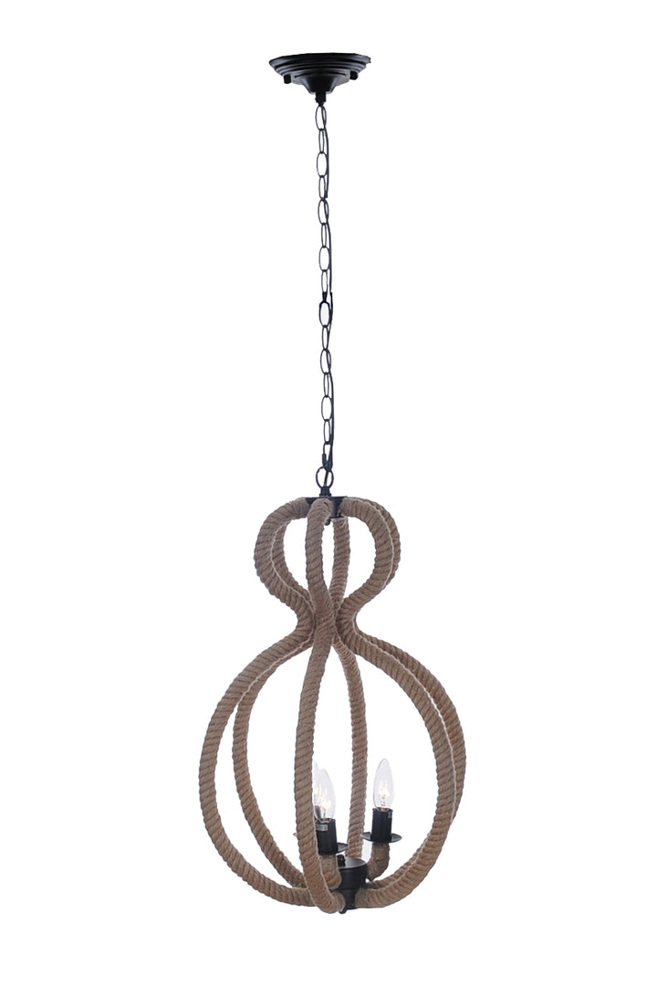 Natural and Black Iron and Rope Three Light Ceiling Light