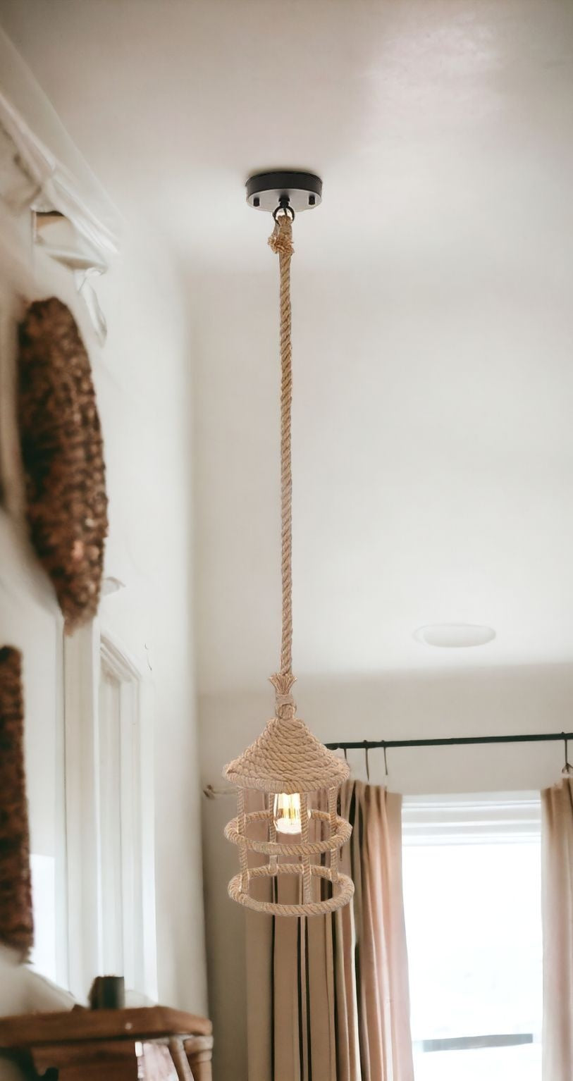 Beige and Black Iron and Rope Ceiling Light