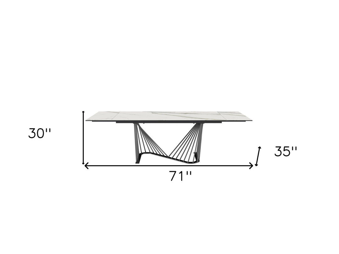 71" White and Black Stone and Iron Self-Storing Leaf Dining Table