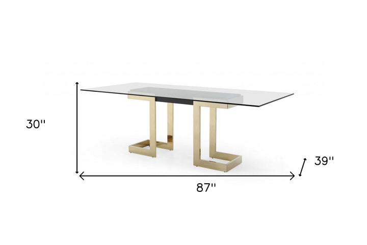 87" Clear And Gold Glass And Stainless Steel Double Pedestal Base Dining Table