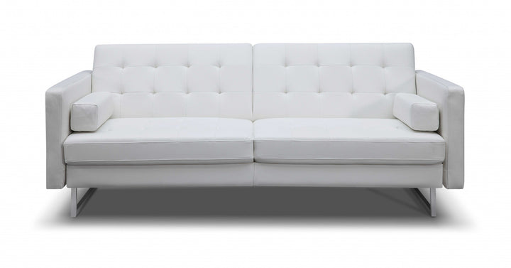 80" White Faux Leather Sleeper Sofa With Silver Legs