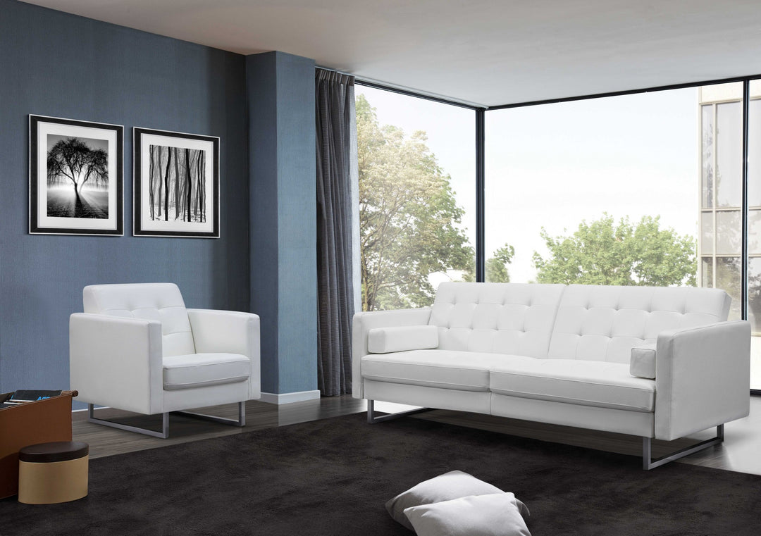 80" White Faux Leather Sleeper Sofa With Silver Legs