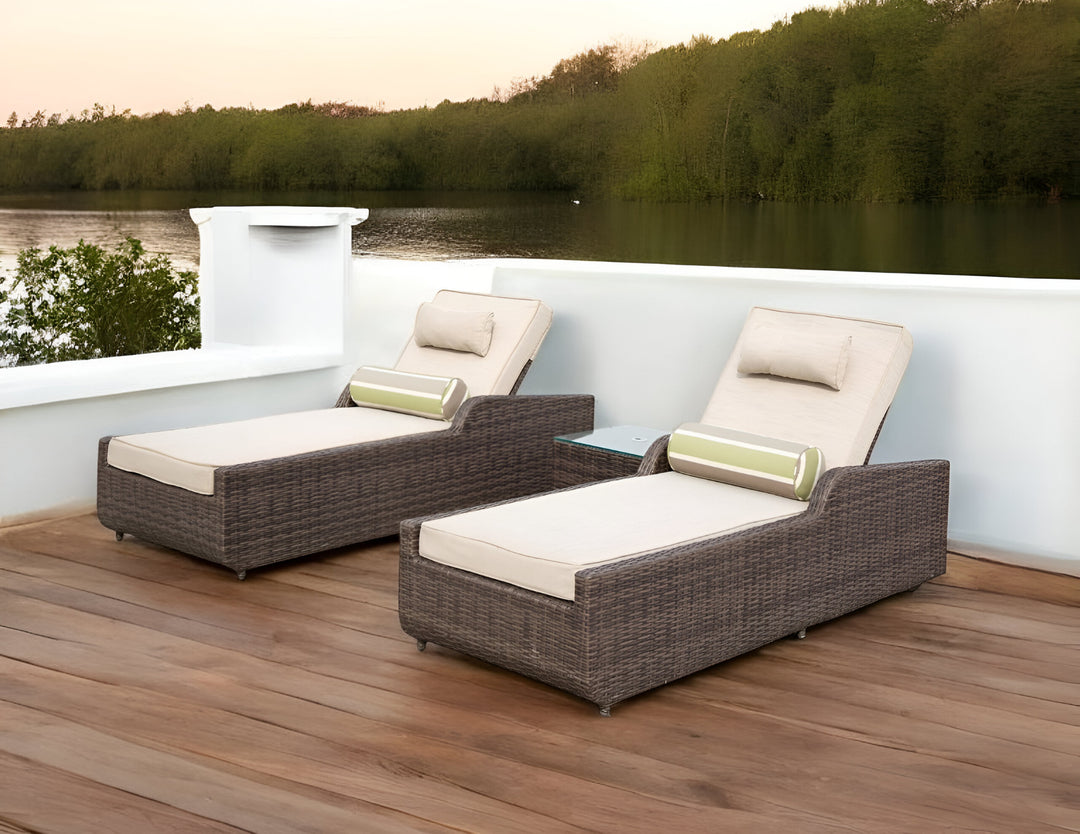 78" Set of Two Brown Indoor Outdoor Chaise Lounge with Beige Cushion