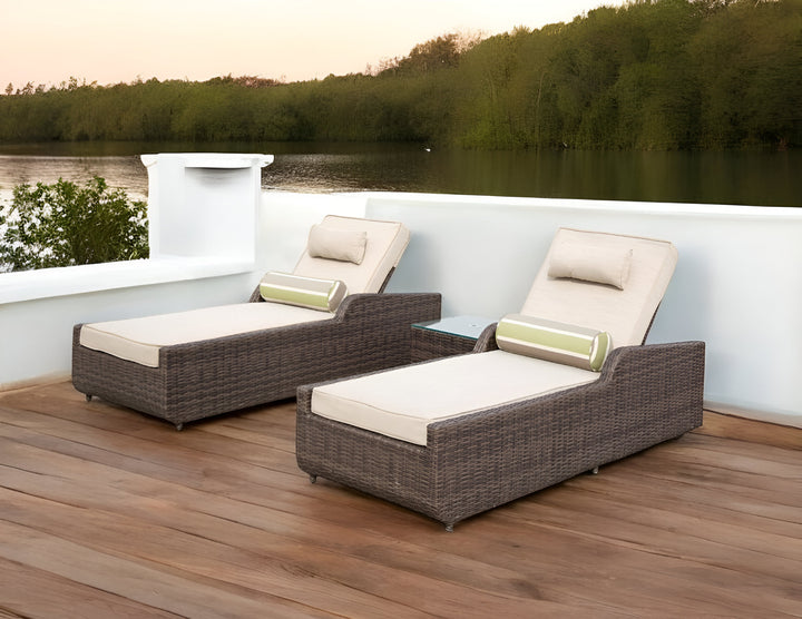 78" Set of Two Brown Indoor Outdoor Chaise Lounge with Beige Cushion