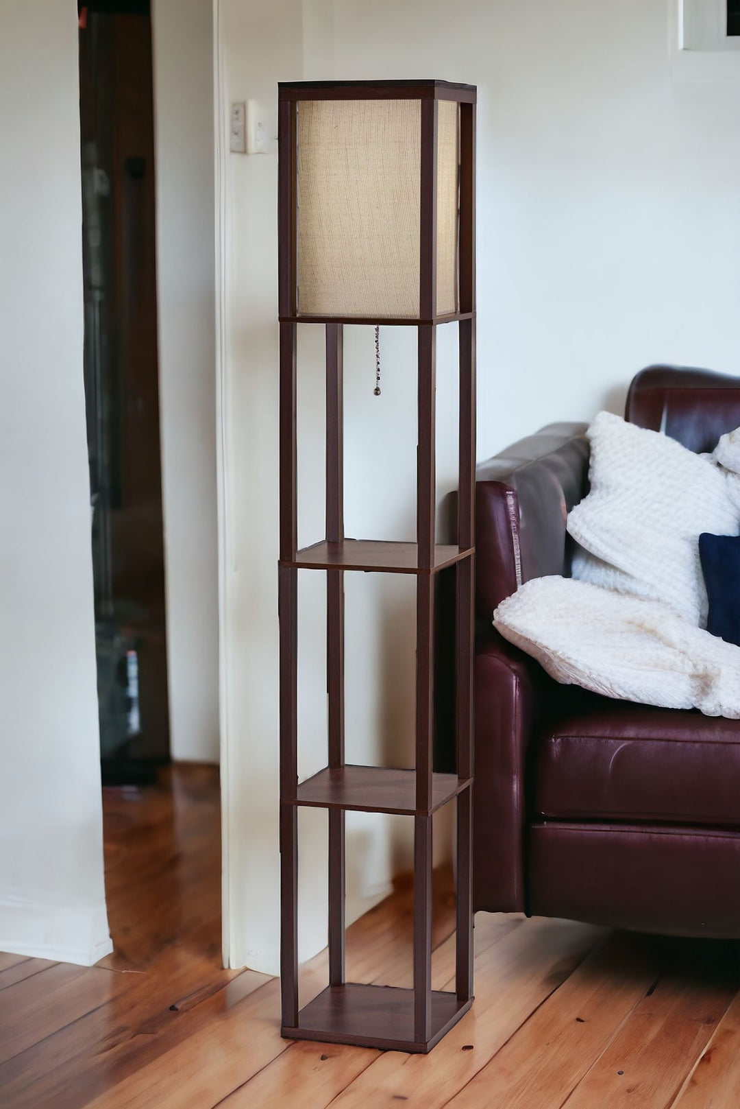 Floor Lamp With Black Wood Finish Storage Shelves