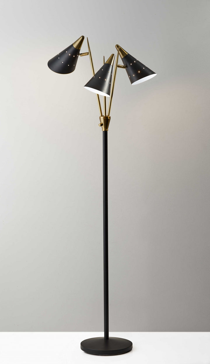 66" Black Three Light Novelty Floor Lamp With Black Cone Shade