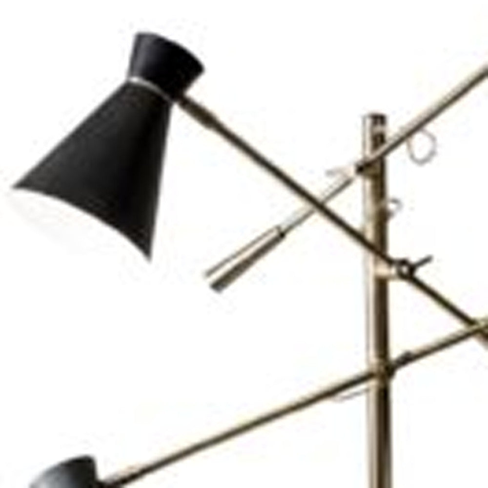 Three Arm Adjustable Floor Lamp In Brass Metal With Grey Black And White Shades