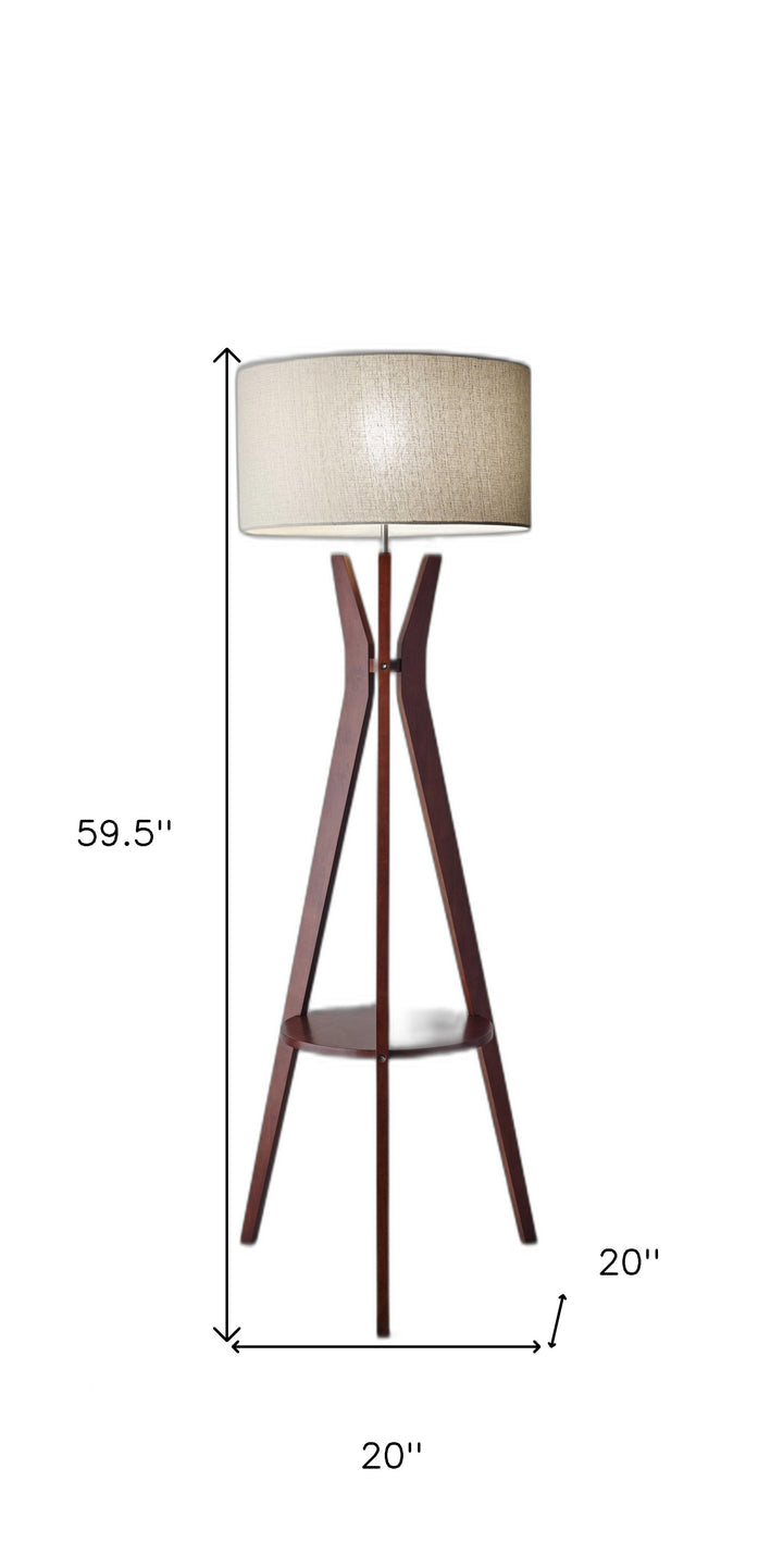 60" Solid Wood Tripod Floor Lamp With White Drum Shade