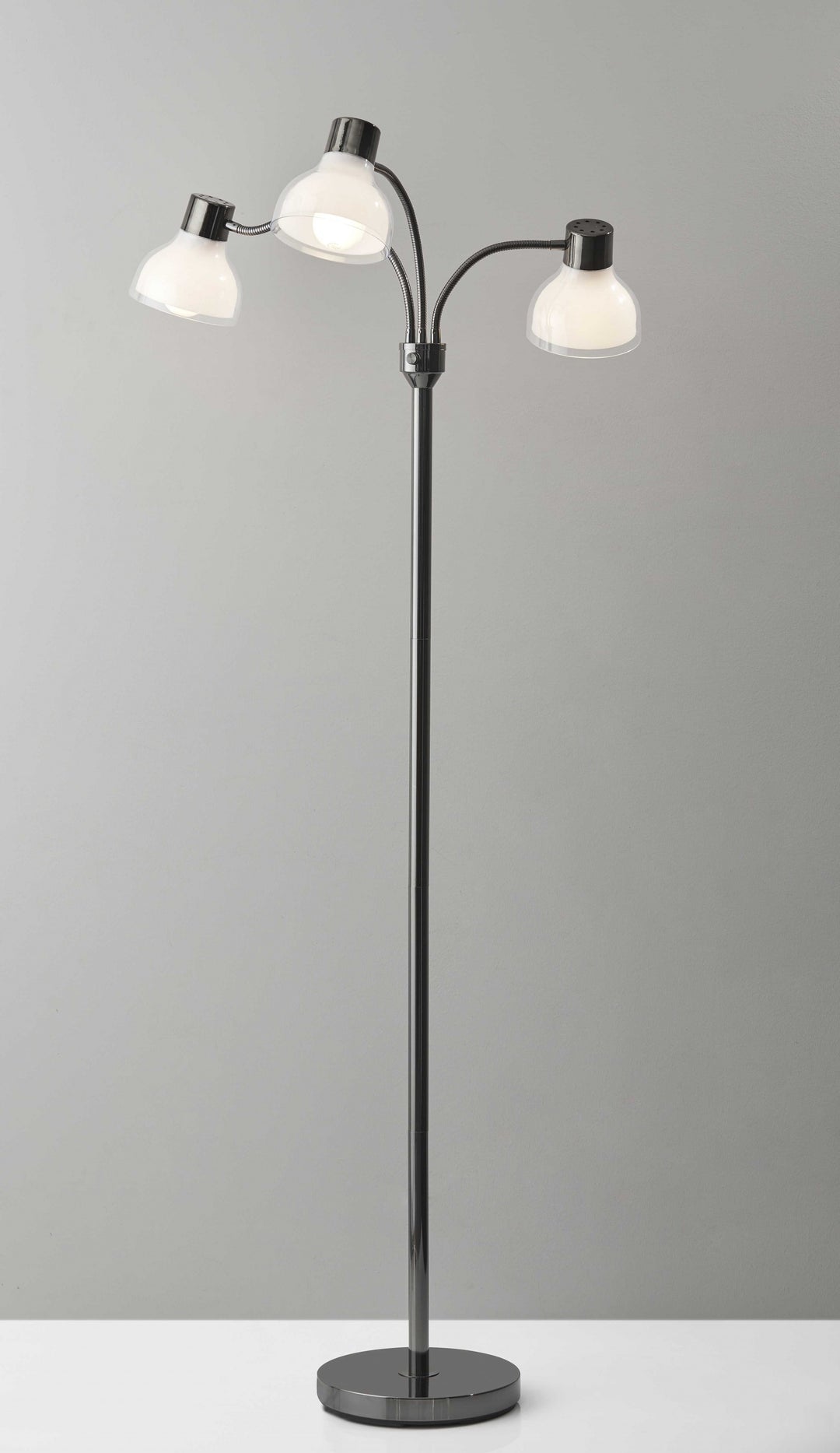 69" Nickel Three Light Tree Floor Lamp with White Bowl Shade