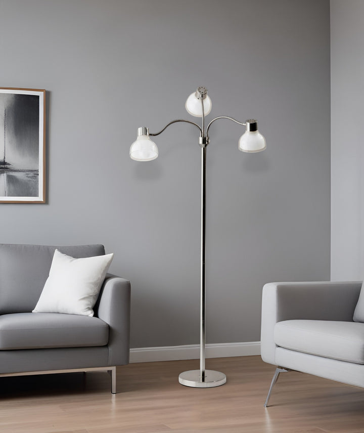 69" Nickel Three Light Tree Floor Lamp with White Bowl Shade