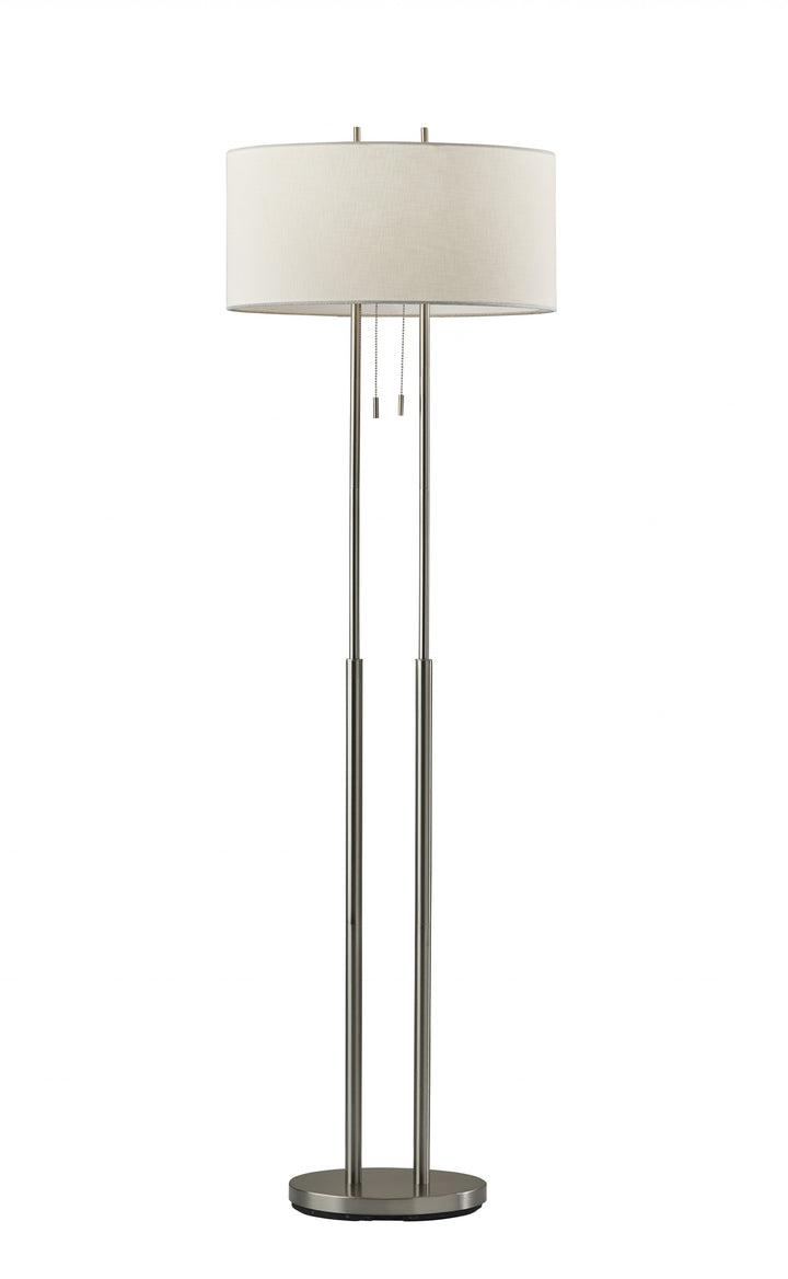 62" Brushed Task Floor Lamp With White Fabric Drum Shade