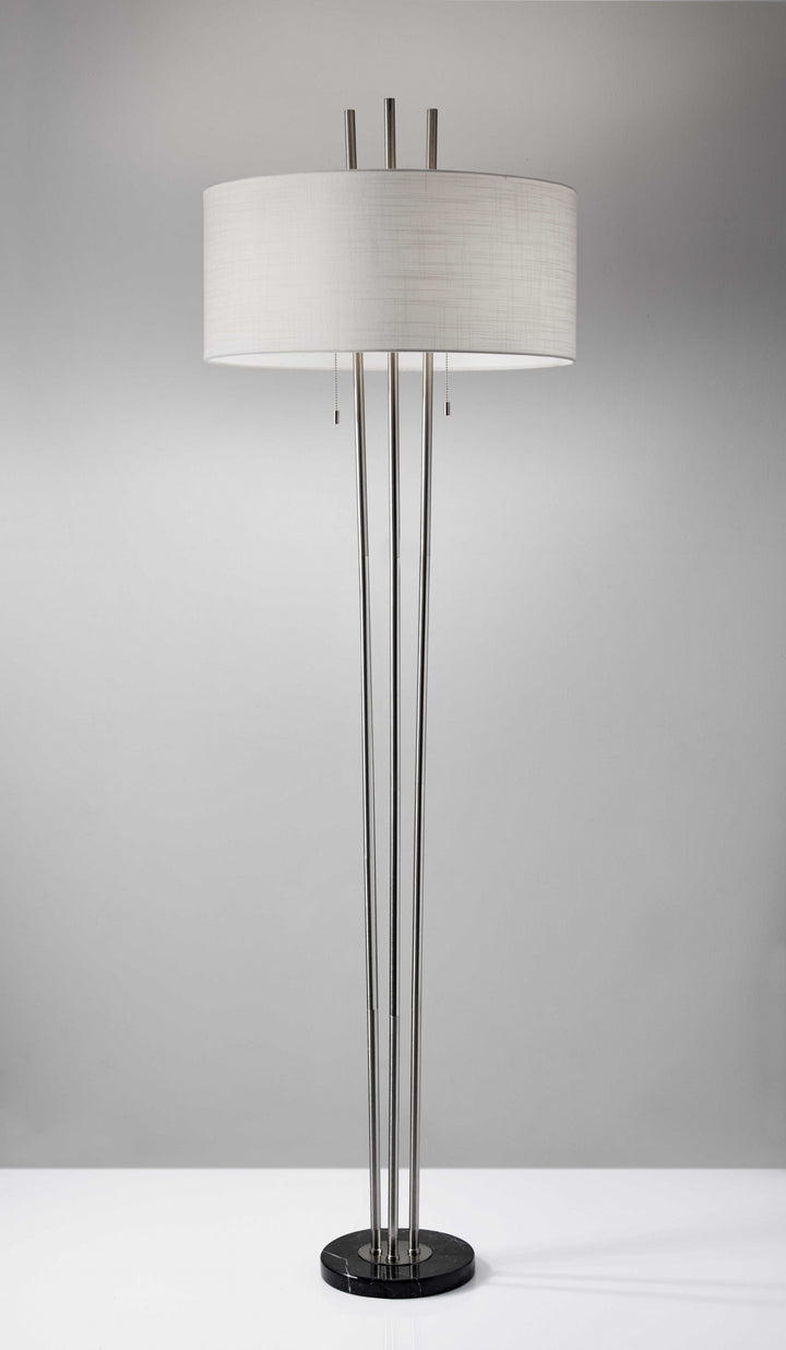 71" Two Light Three Pole Floor Lamp With White Fabric Drum Shade