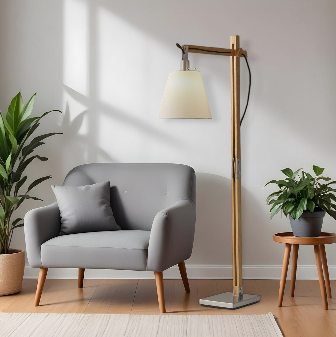 Natural Wood Floor Lamp With Adjustable Hinged Arm