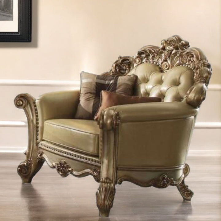 48" Bone And Gold Faux Leather Tufted Chair and a Half And Toss Pillows