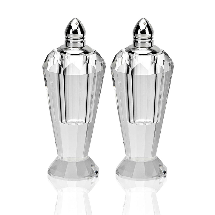 Handcrafted Optical Crystal And Silver Pair Of Salt And Pepper Shakers