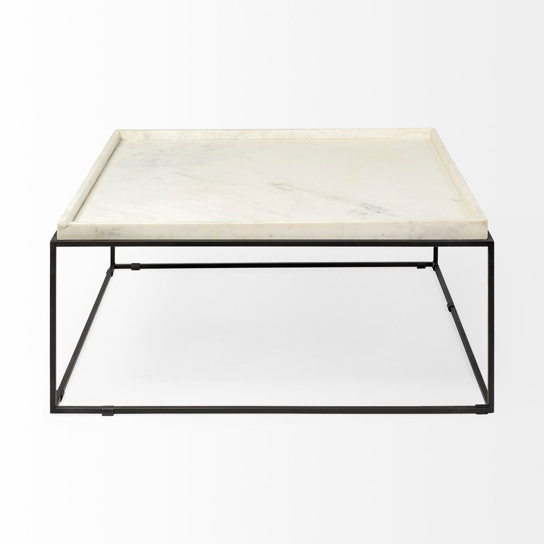 36" White And Black Genuine Marble And Metal Square Coffee Table