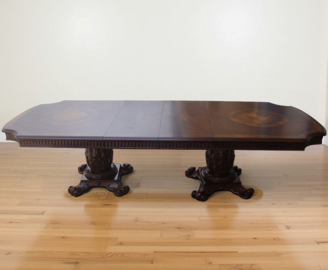 136" Brown Solid Wood And Solid Manufactured Wood Double Pedestal Base Dining Table