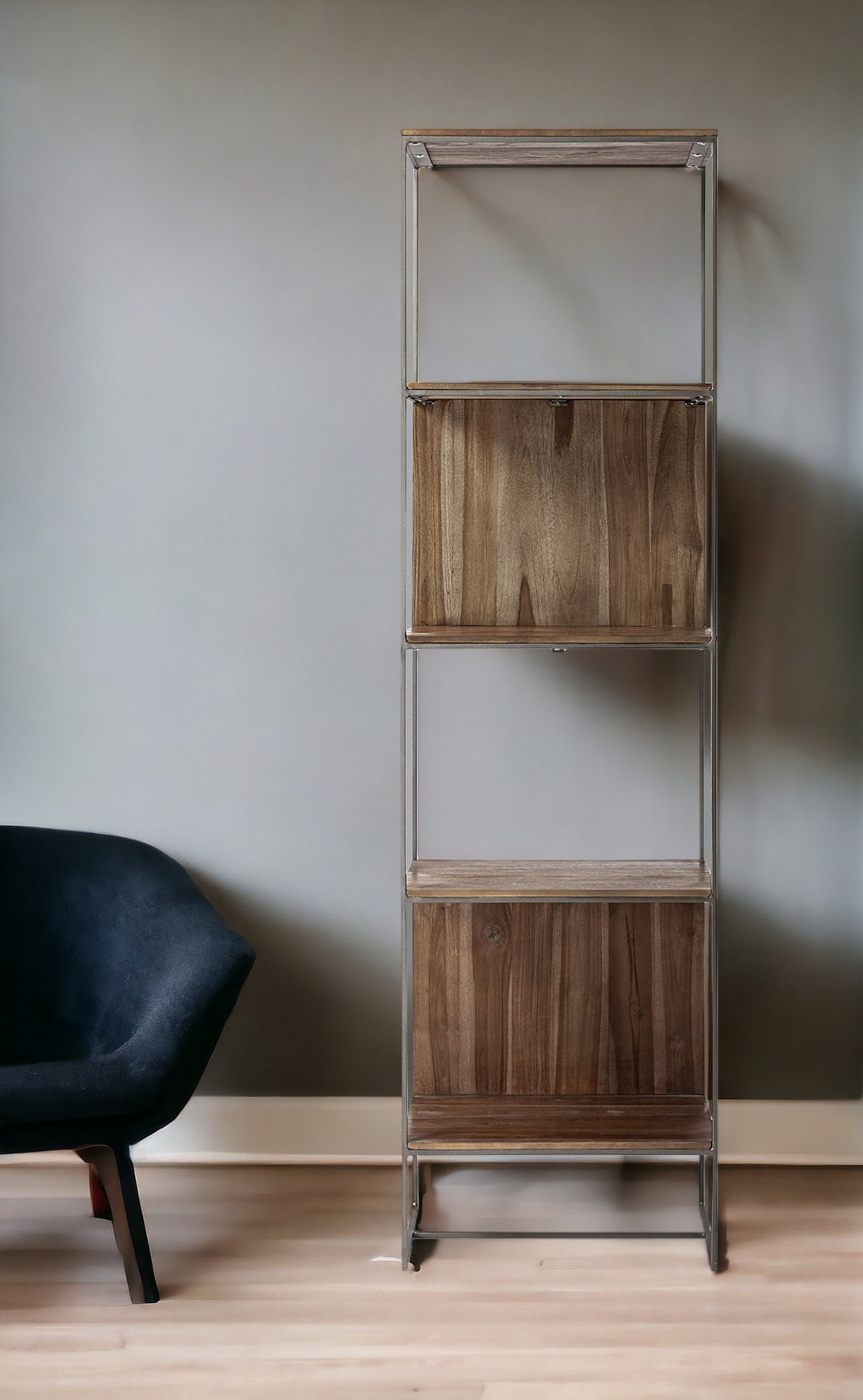 Brown Wood And Silver Metal Frame With 4 Shelf Shelving Unit