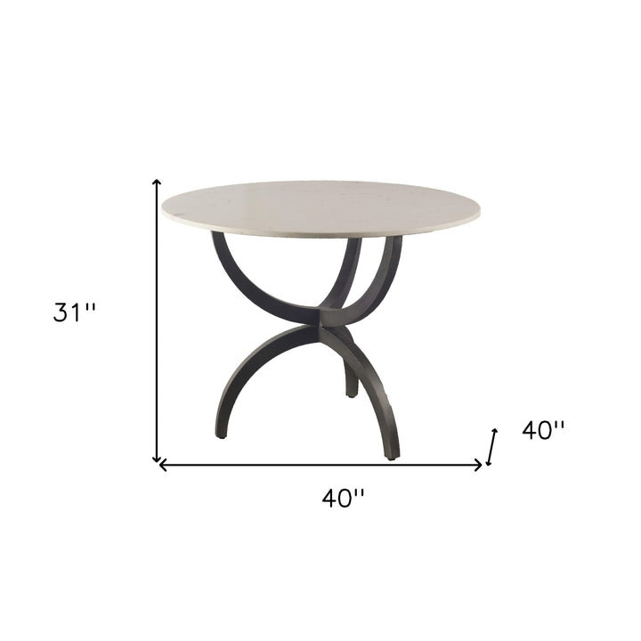 40" Off White And Black Rounded Marble And Metal Three Leg Base Dining Table