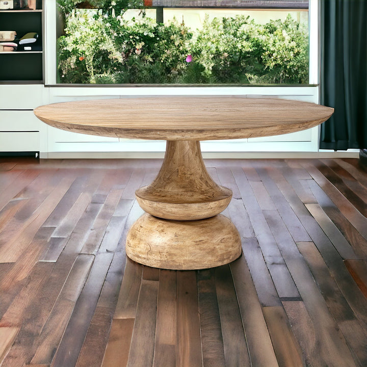 60" Natural Rounded Solid Wood Pedestal Base Dining Table