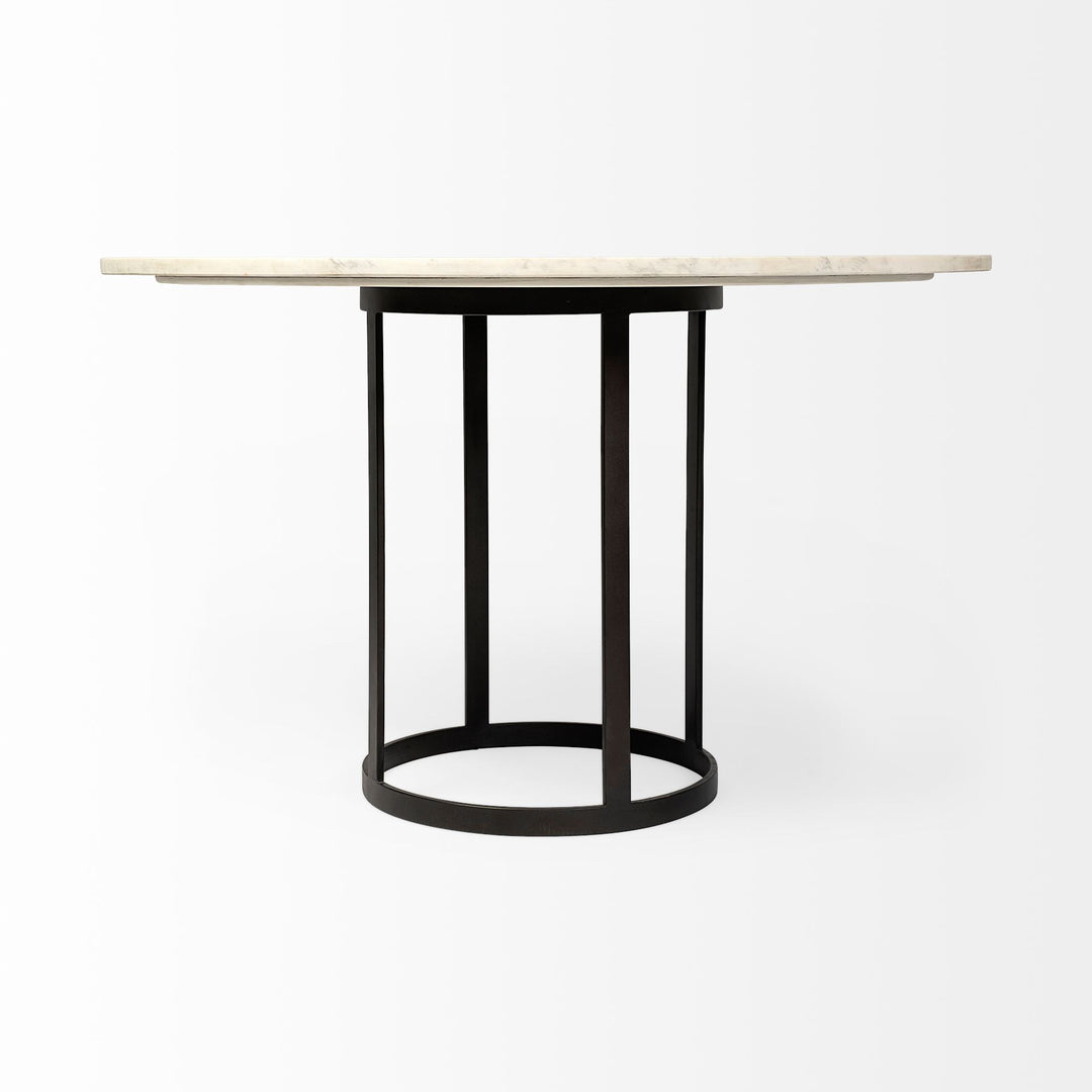 48" White And Black Rounded Marble And Metal Pedestal Base Dining Table