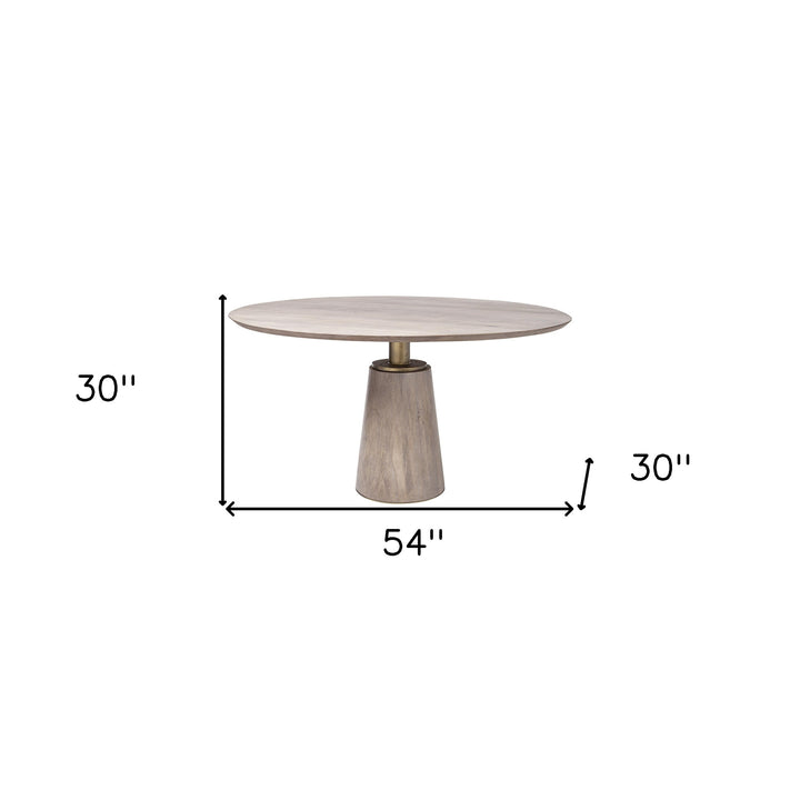 54" Brown And Gold Rounded Solid Wood And Metal Pedestal Base Dining Table