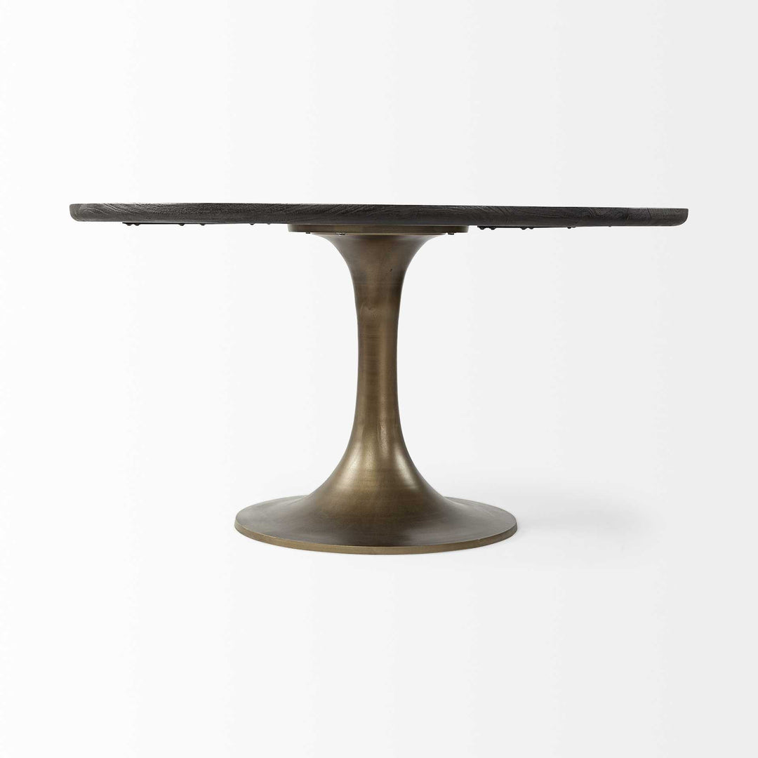 54" Black And Brass Rounded Solid Wood And Metal Pedestal Base Dining Table