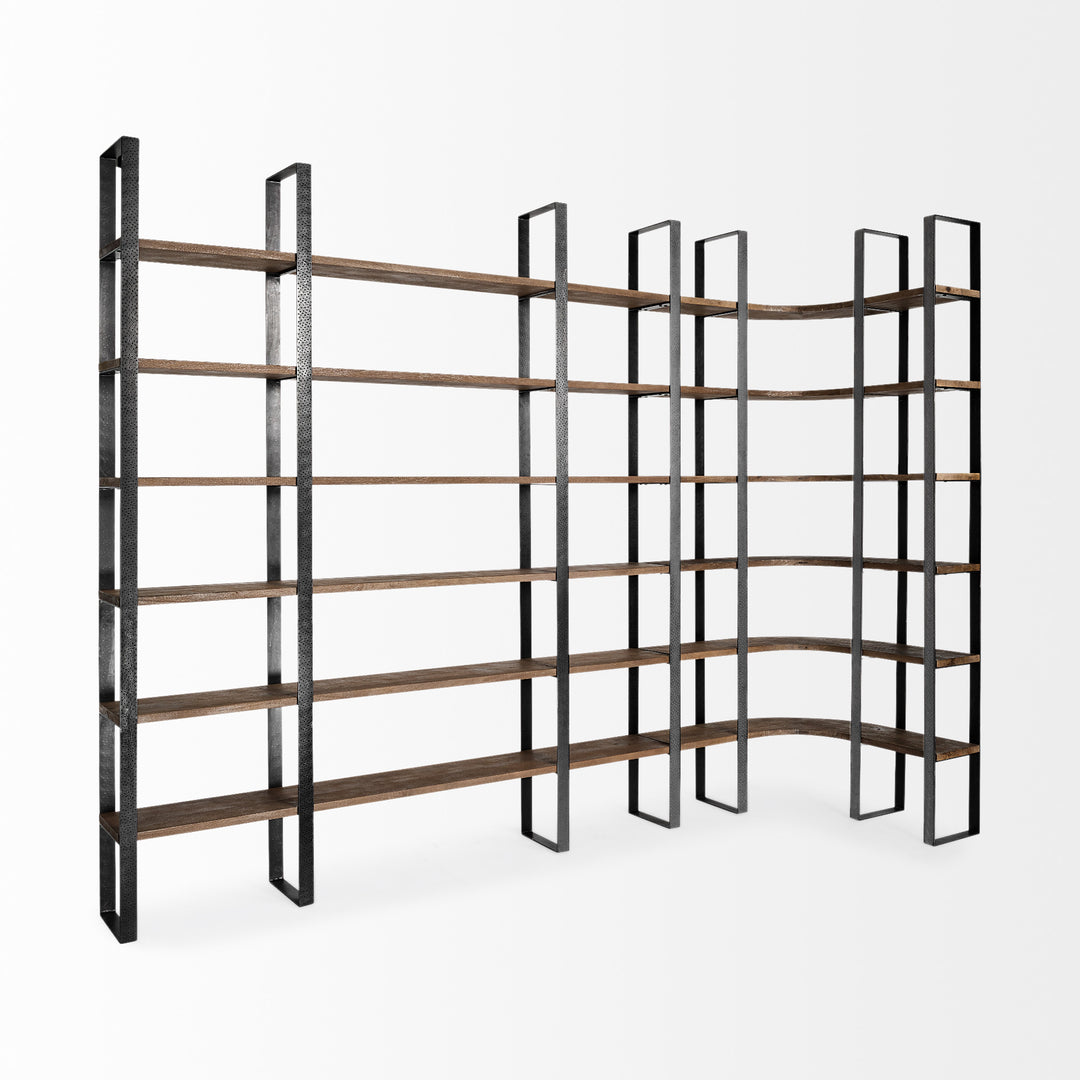 Curved Dark Brown Wood And Black Iron 6 Shelving Unit