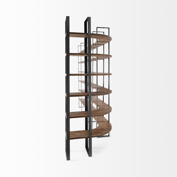 Curved Dark Brown Wood And Black Iron 6 Shelving Unit