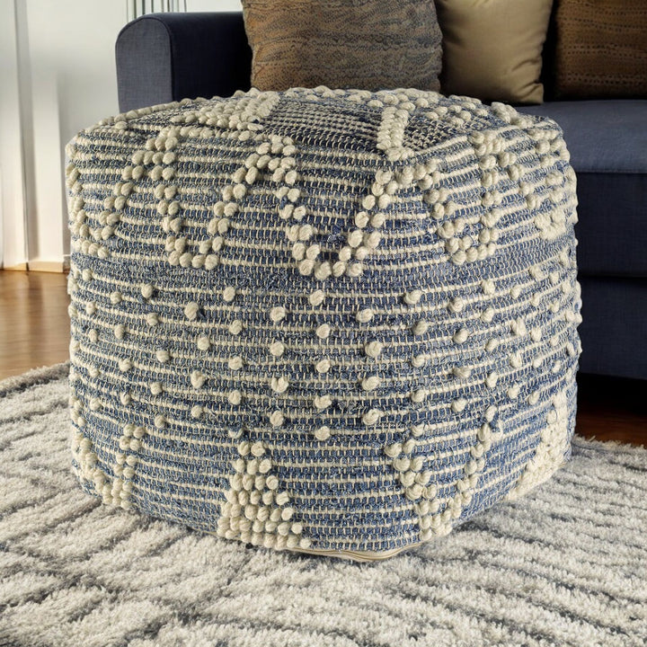 Blue Denim And Ivory Square Pouf With Cotton Stitched