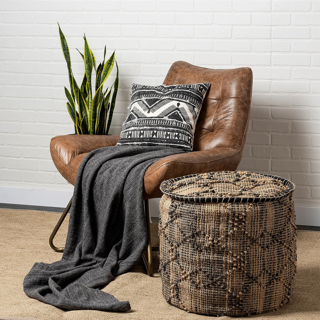 20" Natural And Black Geometric Cylindrical Jute Ottoman