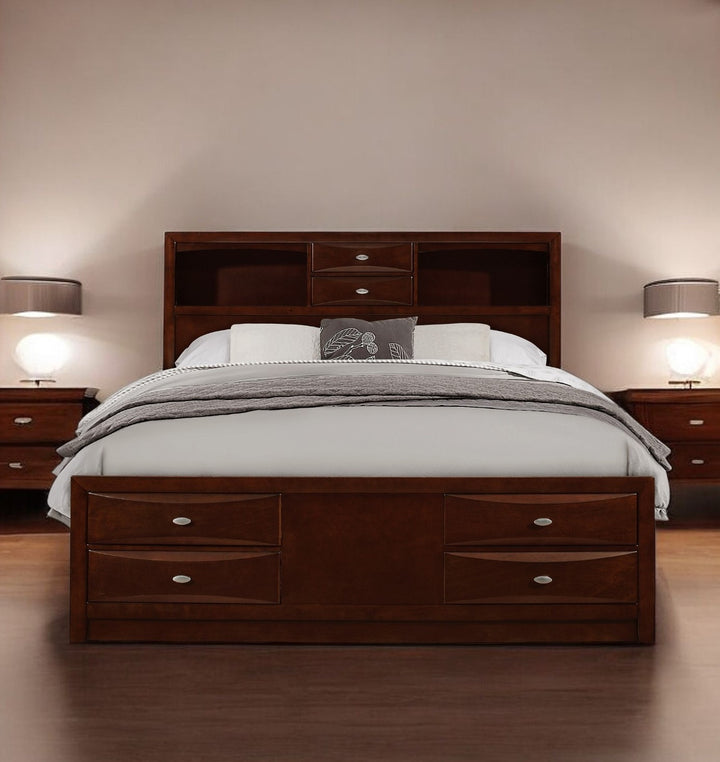 Solid Wood Queen Merlot Eight Drawers Bed