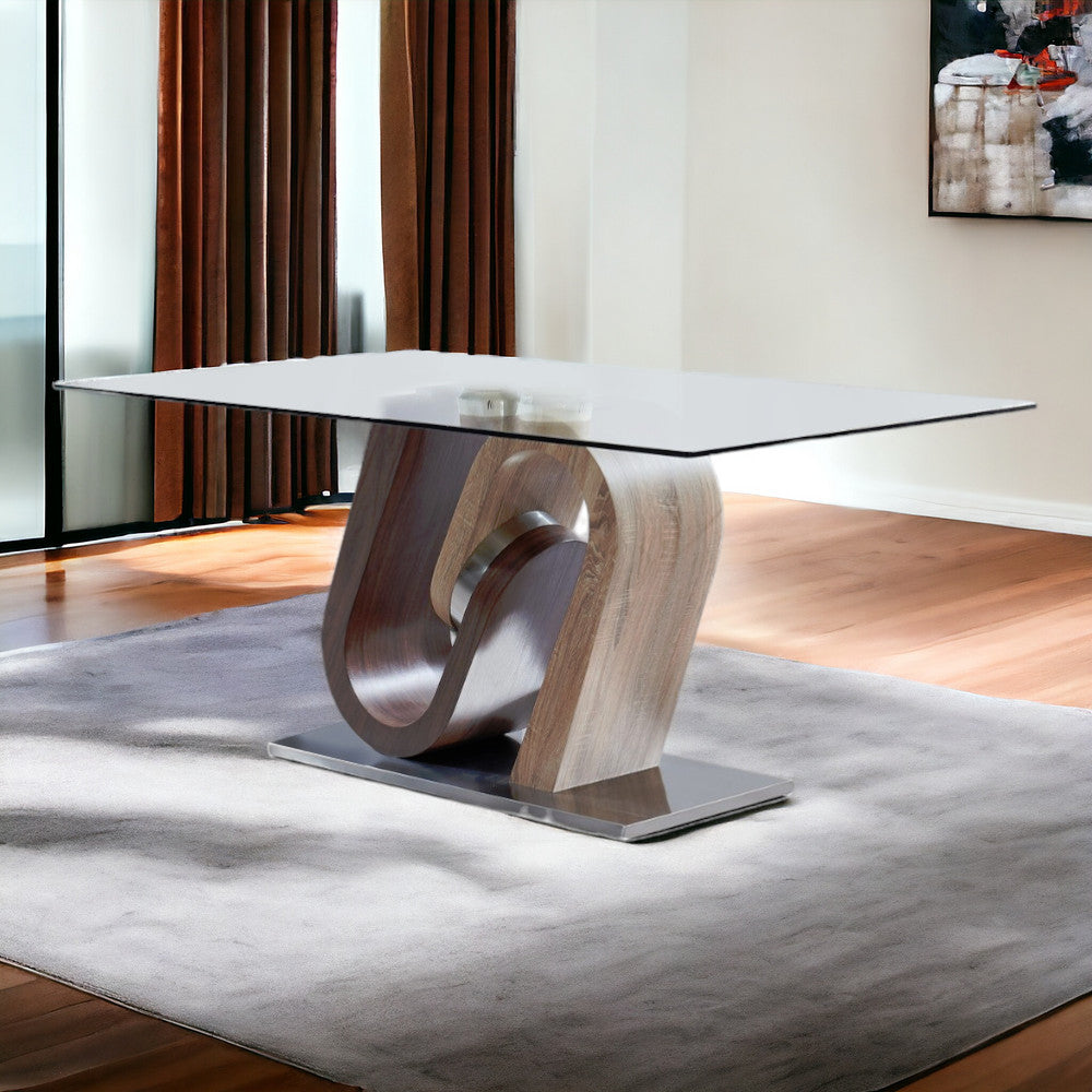 71" Clear And Brown and Silver Glass And Stainless Steel and Manufactured Wood Pedestal Base Dining Table