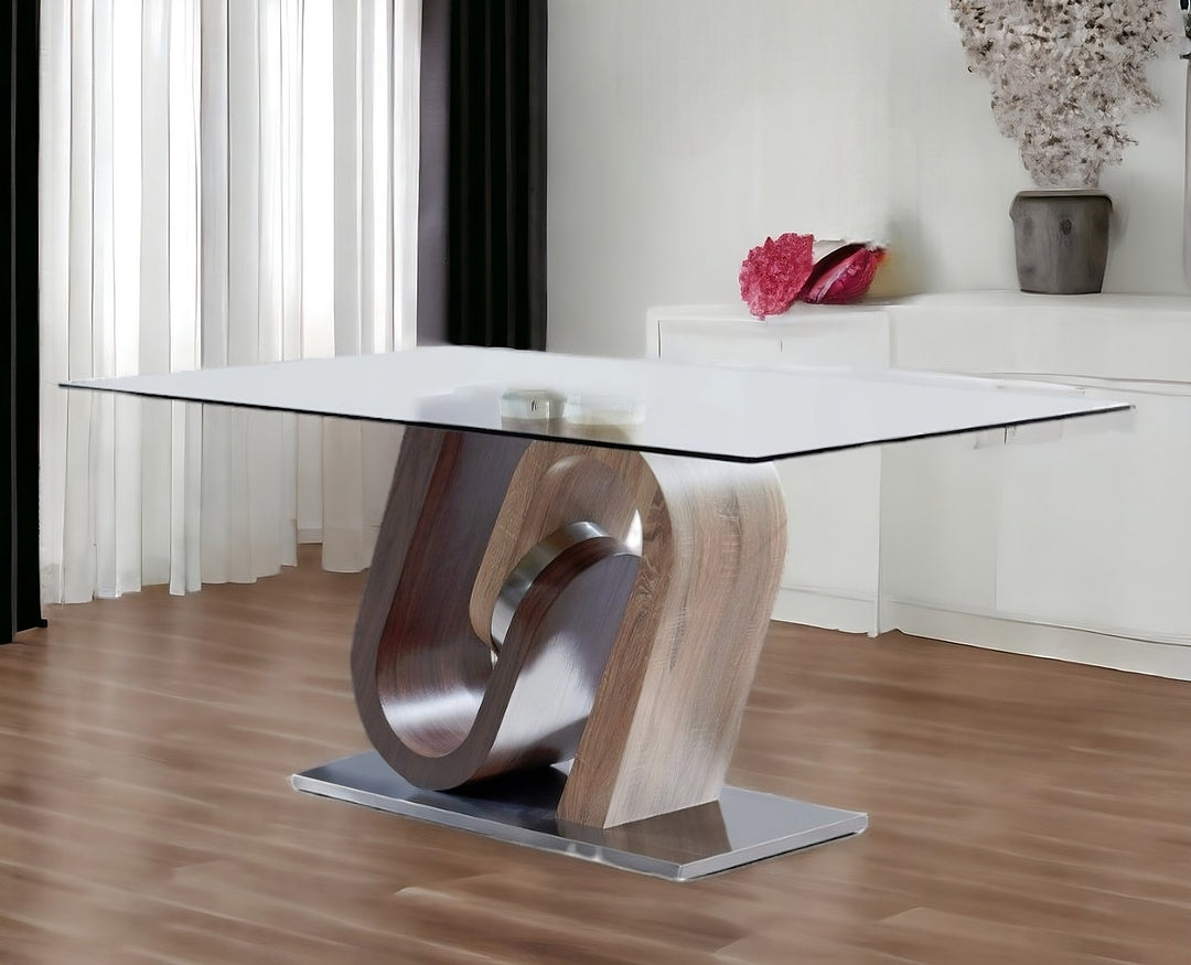 71" Clear And Brown and Silver Glass And Stainless Steel and Manufactured Wood Pedestal Base Dining Table