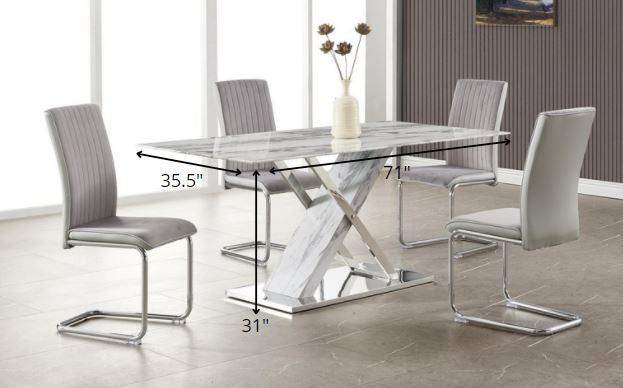 71" Gray and White And Silver Marble And Stainless Steel Pedestal Base Dining Table