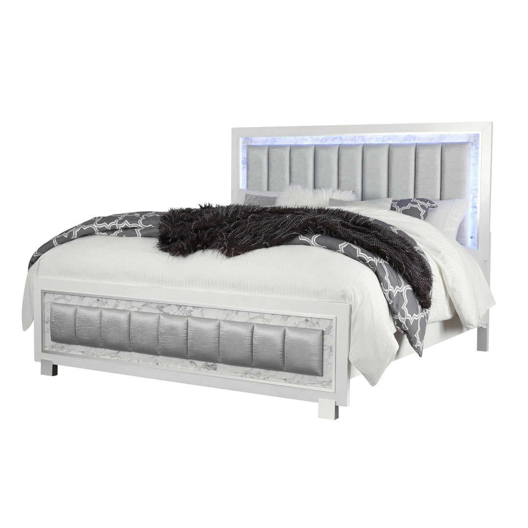 Modern Luxurious White Queen Bed With Padded Headboard  Led Lightning