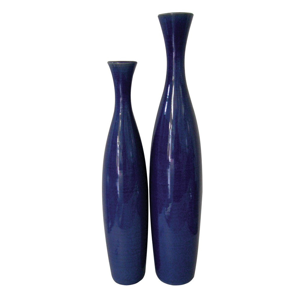 Set Of 2 Deep Indigo Blue Ceramic Tall Thin Vases