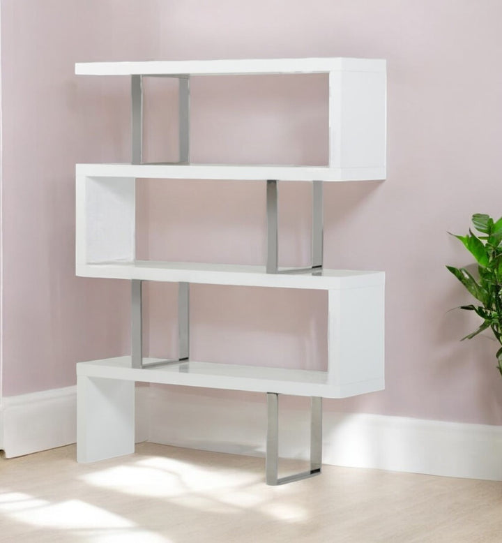 67" White Stainless Steel Four Tier Geometric Bookcase