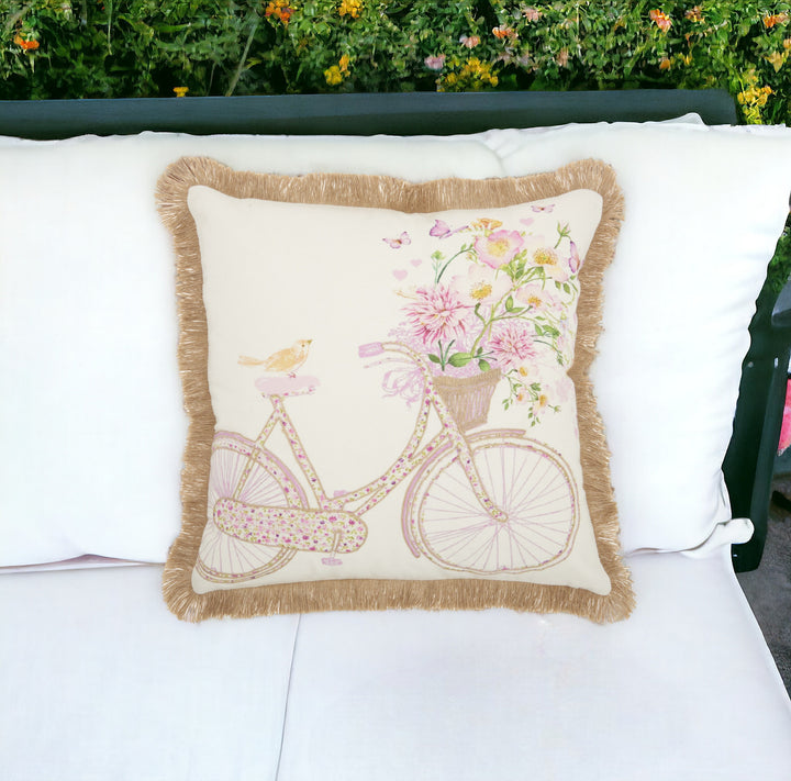 18" Beige and Pink Bicycle and Flowers Indoor Outdoor Throw Pillow With Fringe