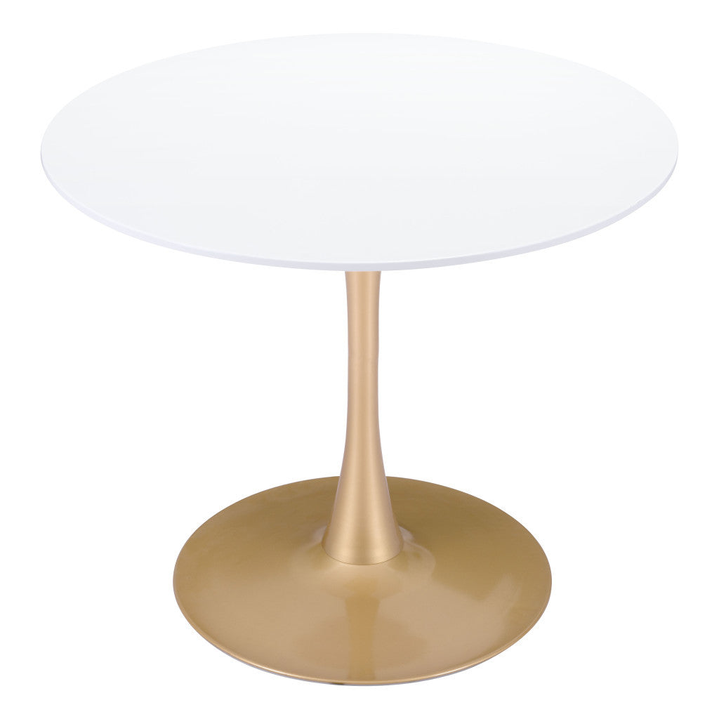 35" White And Gold Rounded Steel Pedestal Base Dining Table