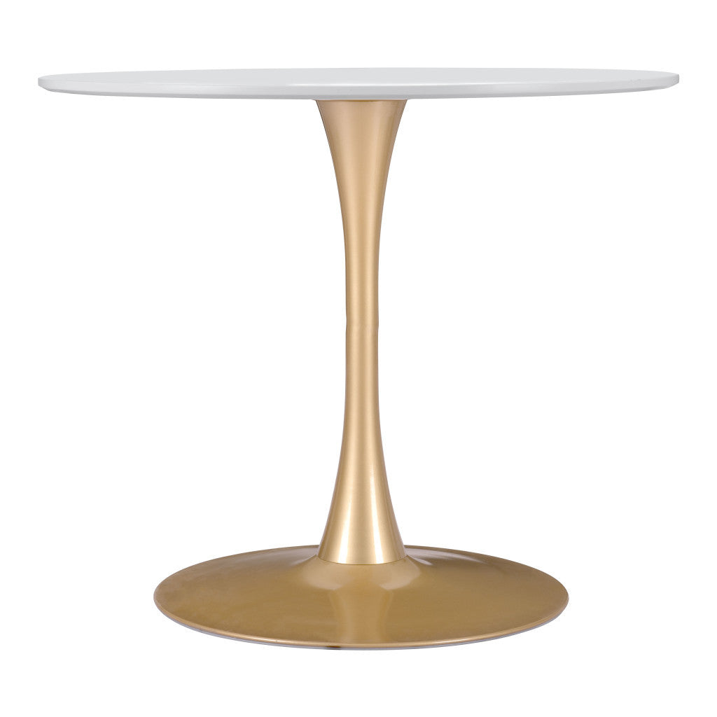 35" White And Gold Rounded Steel Pedestal Base Dining Table