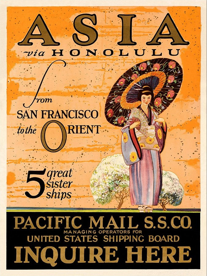 Asia via Honolulu Vintage Travel Unframed Print Wall Art