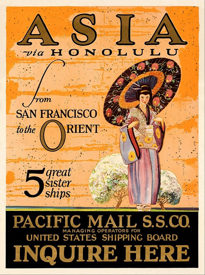 Asia via Honolulu Vintage Travel Unframed Print Wall Art