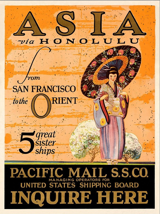 Asia via Honolulu Vintage Travel Unframed Print Wall Art