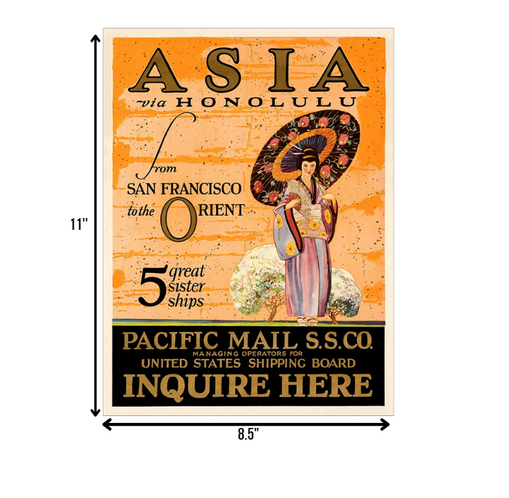 Asia via Honolulu Vintage Travel Unframed Print Wall Art