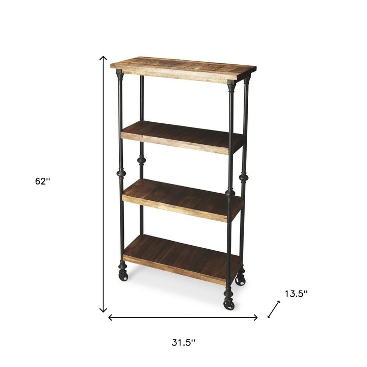 62" Wood Brown Iron Three Tier Standard Bookcase